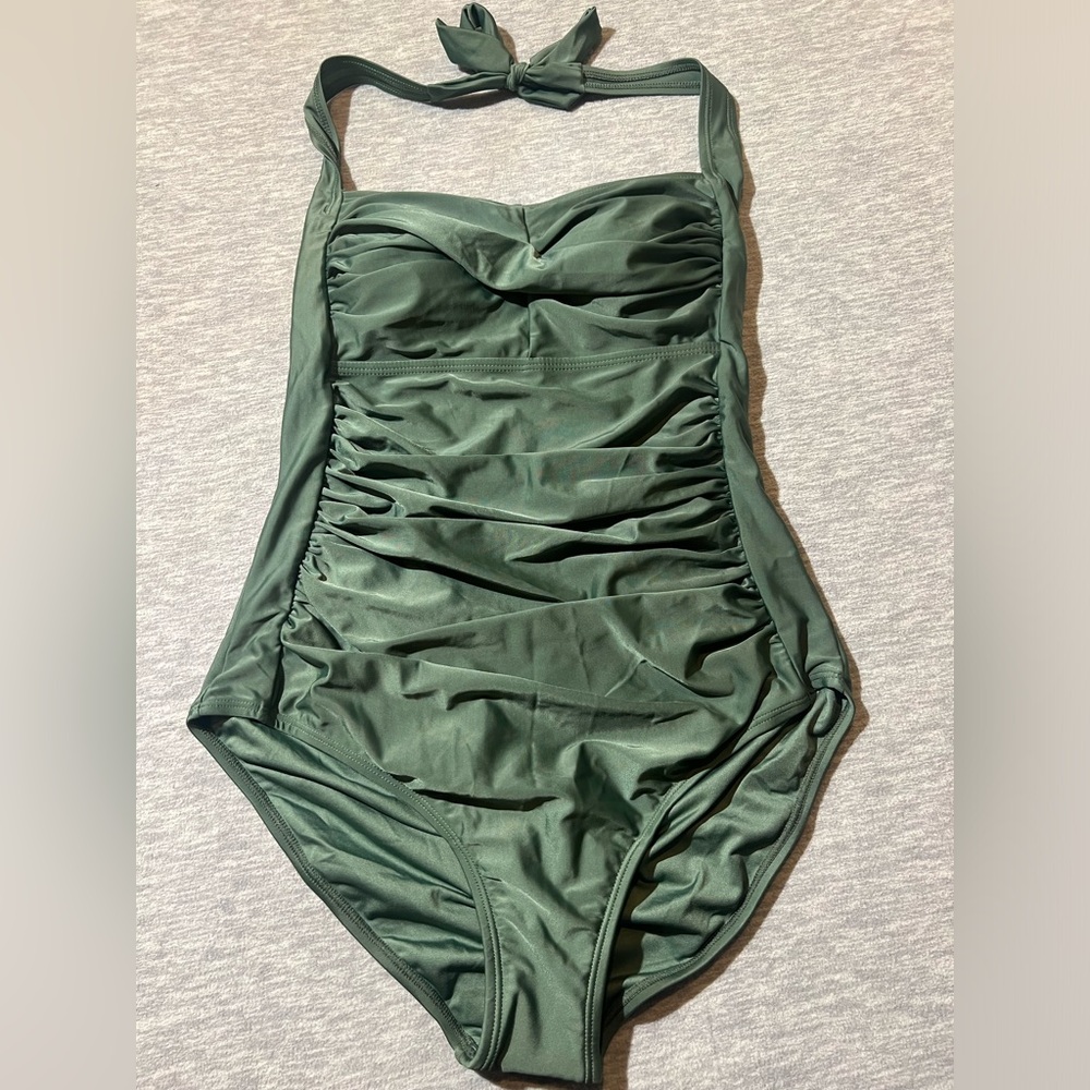 Smismivo 1 piece swimsuit women’s L ruched halter sage‎ green pin up style new